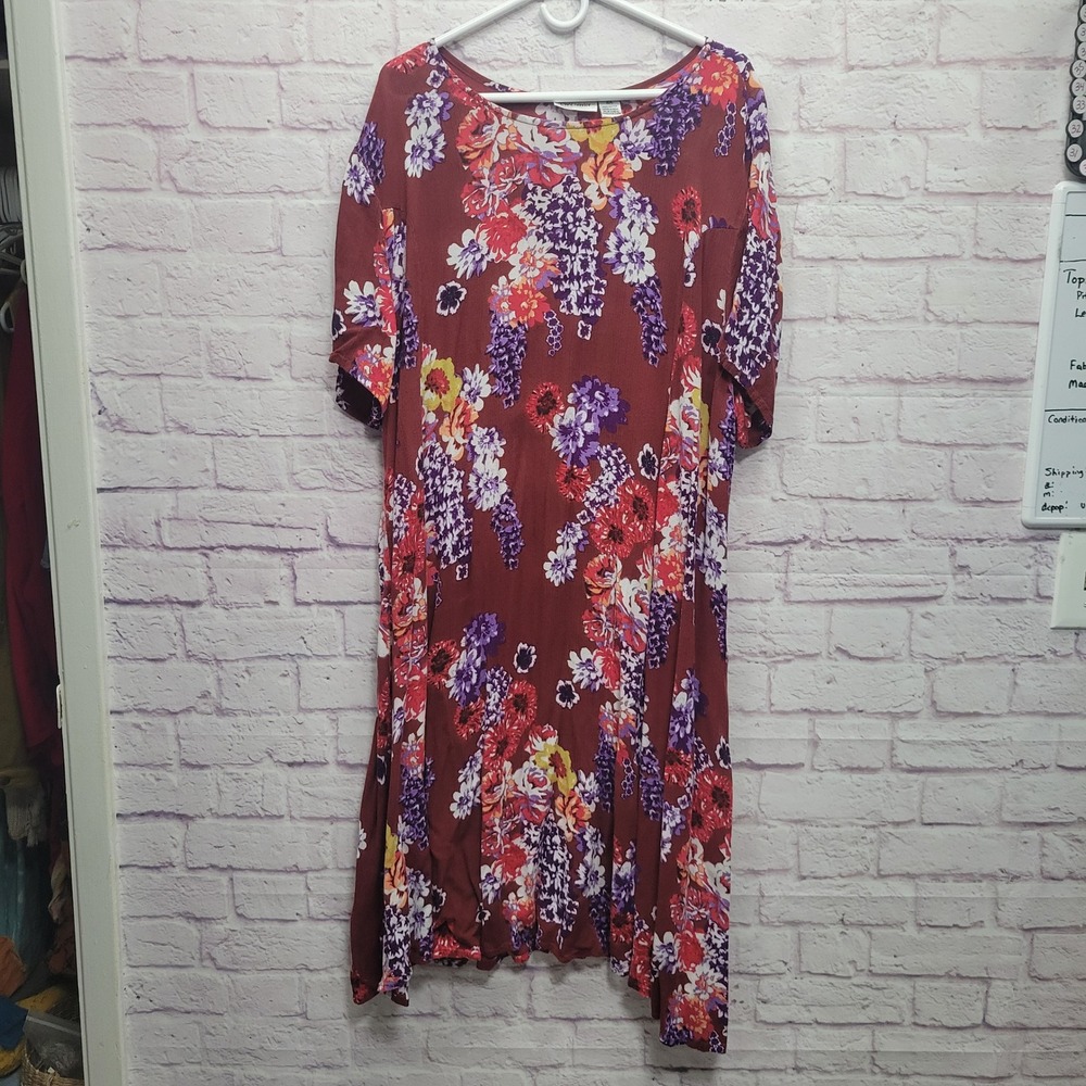 CW Classics Burgundy Floral Maxi Dress Sz 4X Lightweight Flowy Cottagecore Boho‎